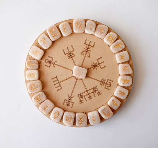 Rune Sets with Wooden Grid Plate for Generosity, Protection, Grounding, and Energy Healing