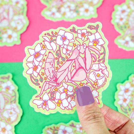 Orchid Flower Mantis Art Pink Holographic Vinyl Sticker